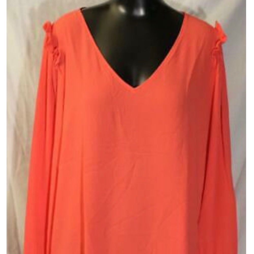 V-Neck Puff Sleeve Blouse Hibiscus